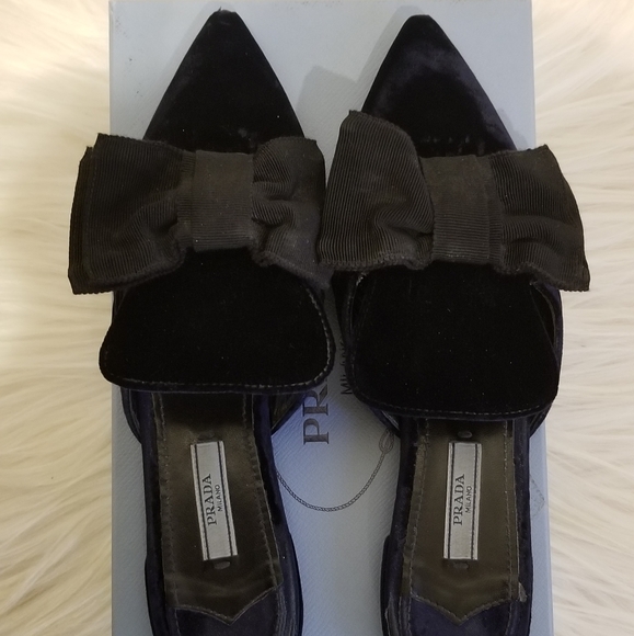 Prada Velvet Navy Bow Slides Mules - Picture 2 of 6
